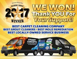 Steamy Concepts Readers Choice: Best Carpet Cleaning Company, Best Tile Cleaning Company, Best Grout Cleaning Company, Best Mold Remediation, Best Locally Owned Business.